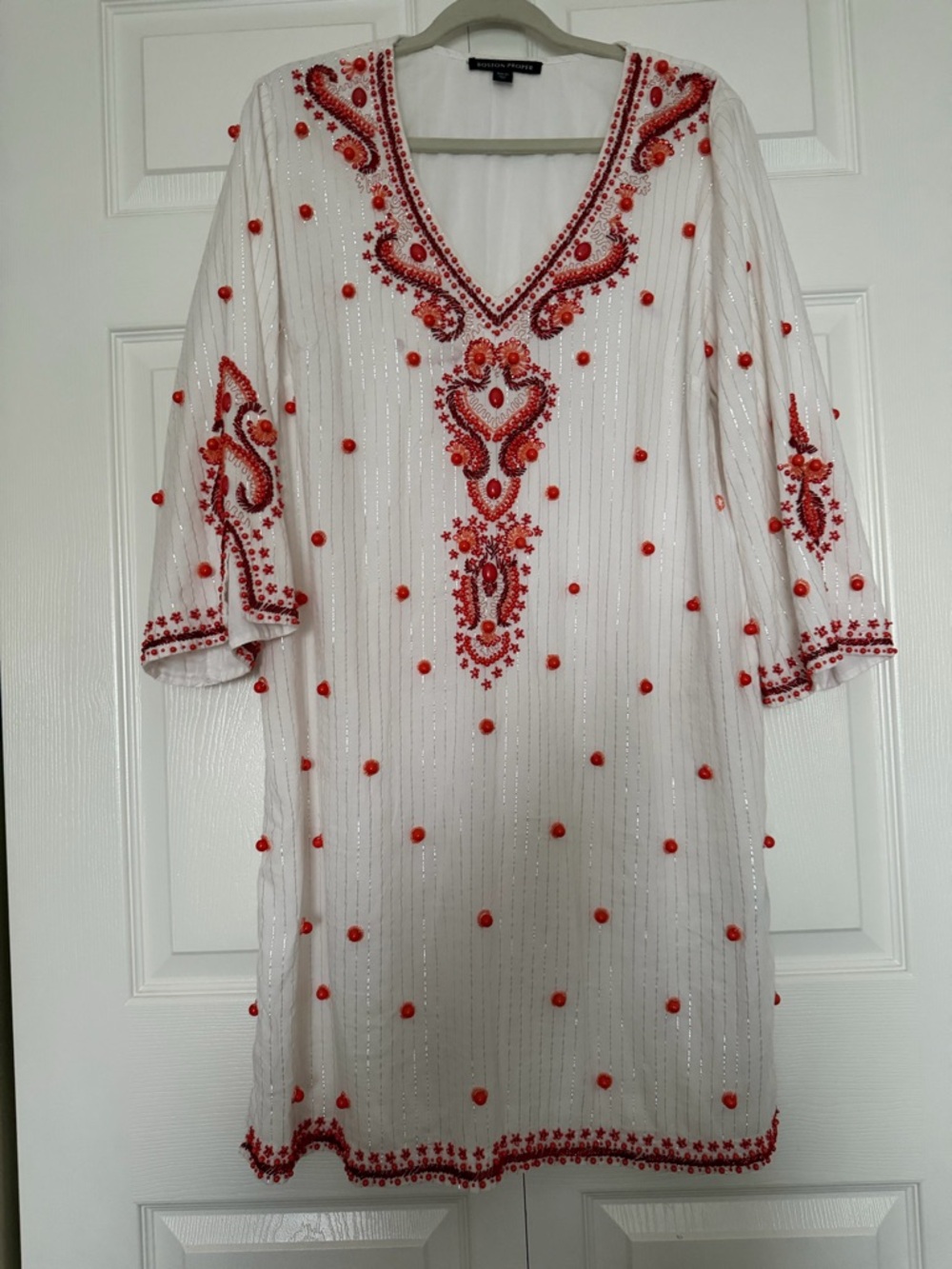 Boston Proper White V-Neck Tunic Dress with Red Embroidery